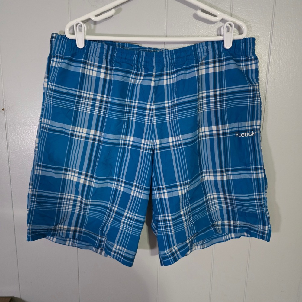 Reebok Swim Trunks Mens XL Blue‎ Plaid Elastic Waist Board Shorts